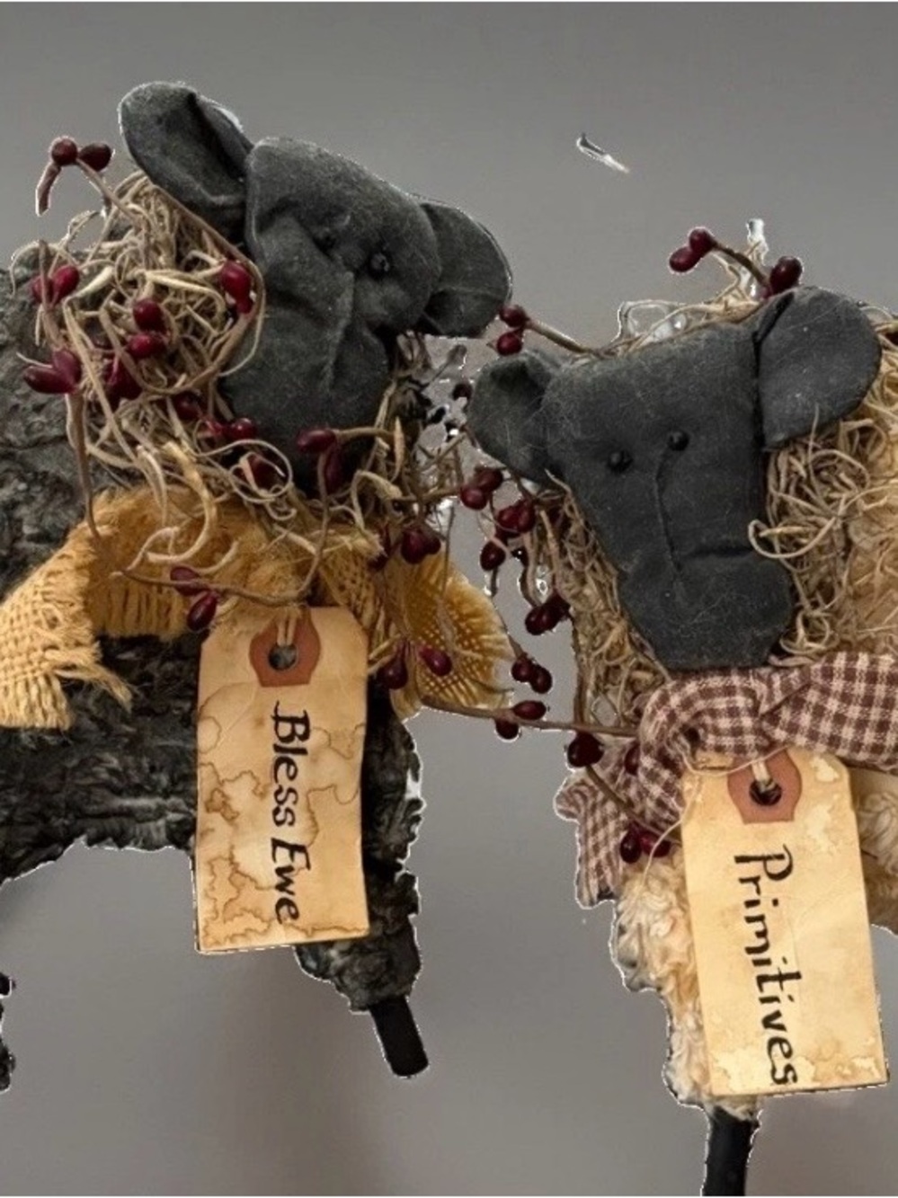 Primitive-Inspired sheep Folk Art - Gray Plush with Berry Accents